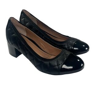 Vionic Ruby Pumps Sz 8W Black Quilted Leather Patent Cap Toe Block Heel Comfort